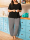 Plus Size Softies Pajamas Set Plain O-Neck Top Sleepwear With Print Beam Feet Bottom - Black