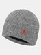 Men & Women Plus Thicken Warm Ear Protection Flanging Leather Label Decoration Knitted Hat Brimless Beanie - Gray