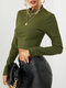 Women Solid Color Long Sleeve Half Collar Casual Crop Top - Green