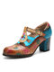 Socofy Genuine Leather Bohemian Ethnic Style Buckle Comfy Floral T-strap Heels - Apricot