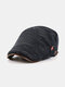 Men Knitted Leather Brim Letter Label Casual Warmth Beret Flat Cap - Dark Blue