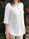 Cotton Solid Button Ruched High-Low Hem Casual Blouse - White
