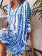 Tie-dyed Print Long Sleeve V-neck Loose Casual Dress For Women - Blue