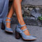 Large Size Women Ladies Splicing Pointed Toe Buckle Chunky Heel Pumps - Blue2