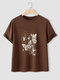 バタフライグラフィック半袖クルーネックカジュアルTシャツ - 褐色