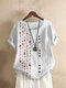 Floral Print Short Sleeve O-neck Button T-Shirt For Women - White