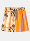 Mens Floral Striped Print Holiday Casual Loose Drawstring Waist Shorts - Orange