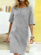 Women Solid Half Sleeve Notch Neck Vintage Dress - Gray