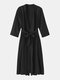 Women Solid Color Plain V-Neck 3/4 Sleeve Robes Sleepwear With Belt - Black