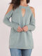 Solid Color Off-shoulder Hollow Long Sleeve Casual Sweater for Women - Blue