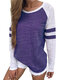 Striped Casual Patchwork O-neck Long Sleeve Plus Size T-shirt - Purple