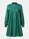Dot Print Stand Collar Button Long Sleeve Dress For Women - Green