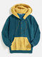 Mens Contrast Color Patchwork Button Corduroy Hoodies With Kangaroo Pocket - Blue