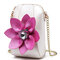 6 Inches Cell Phone Pu Leather  Women National Style Flowers Chain Crossbody Bag Shoulder Bag - White
