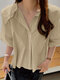 Solid Puff Sleeve Lapel Blouse For Women - Khaki