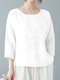 Women Solid Crew Neck Cotton Casual 3/4 Sleeve Blouse - White