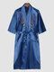 Men Floral Embroidered Chinese Style Belted Half Sleeve Calf Length Soft Robes - Navy