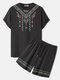 Mens Ethnic Vintage Geometric Print Crew Neck Two Pieces Outfits Winter - Black