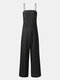 Solid Color Pleated Adjustable Button Zipper Strap Loose Casual Jumpsuit - Black