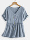 Casual Solid Color Button Short Sleeve Pleated V-neck T-Shirt - Blue