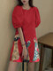 Vestido feminino com estampa de gato decote careca e manga bufante - Vermelho