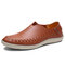 Men Hand Stitching Soft Slip On Leather Driving Shoes - Brown