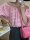 Текстурированная однотонная блуза с объемными рукавами и открытыми плечами Женское - Розовый