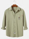Mens Cotton Embroidery Plain Casual Long Sleeve Shirts With Pocket - Green
