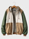 Mens Color Block Patchwork Zip Front Hooded Windbreaker Jacket Winter - Khaki