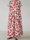 بوهيمي زهرة طباعة V- الرقبة Plus حجم فستان عطلة مع جيب - نبيذ أحمر