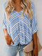 Loose Stripe Half Sleeve V-neck Casual Blouse For Women - Light Blue