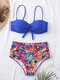 Women Floral Print Underwire Pleated Spaghetti Straps High Waisted Bikinis Swimsuit - Blue