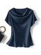 Women Satin Solid Cowl Neck Casual Short Sleeve Blouse - Navy