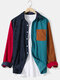 Mens Corduroy Patchwork Color Block Relaxed Fit Long Sleeve Shirts With Pocket - Blue