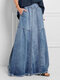 Solid Color Elastic Waist Maxi Denim Skirt With Pocket - Blue