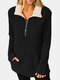 Solid Color Zip Front Pocket Casual Sweater For Women - Black