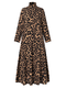 Leopard Print Zip Front High Neck Plus Size Long Dress for Women - Khaki