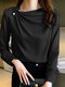 Women Solid Satin Fold Pleated Long Sleeve Blouse - Black