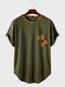 Herren-T-Shirts mit ethnischem Gesichtsdruck und Patchwork und abgerundetem Saum, kurzärmelig - Armeegrün