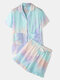 Women Tie Dye Pajamas Set Softies Short Sleeve Top With Pocket Flounce Trim Bottom Loungewear - Blue