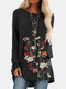 Vintage Floral Printed O-neck Long Sleeve Pullover T-shirt - Black