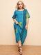 Vintage Floral Print Short Sleeve A-line PLsu Size Dress - Blue