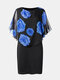 Rose Print Chiffon Cape Patchwork Plus Size Buttocks Dress - Blue