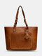 Vintage Tassel Pocket Decor Patchwork Art Solid Large Capacity Tote Handbag - Light Brown
