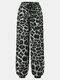 Bolso com cordão estampado de leopardo longo casual Calças para mulheres - Cinza escuro