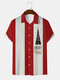 Mens Christmas Print Block Striped Button Up Lapel Short Sleeve Shirts - Red