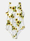 Plus Size Women All Over Sunflower Print One Piece Sleeveless Simwear - Yellow