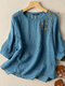 Women Plant Embroidered Crew Neck Half Sleeve Blouse - Blue