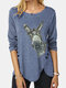 Women Animal Print Button Long Sleeve Casual T-Shirt - Blue