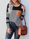 Striped Patchwork Long Sleeve O-neck Casual T-Shirt For Women - Black